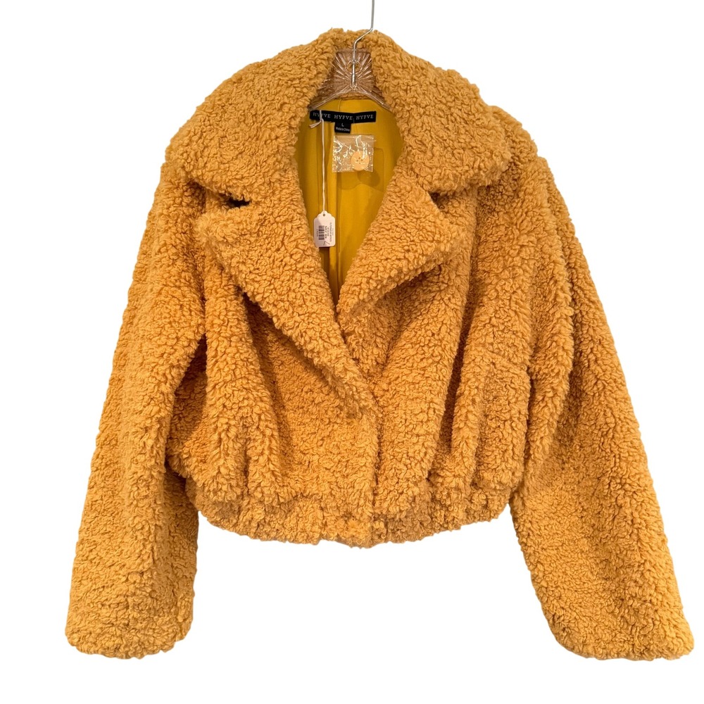 HYFVE Teddy Bear‎ Sherpa Faux Fur Cropped Jacket Coat Women's Large Mustard Boho - Picture 4 of 15
